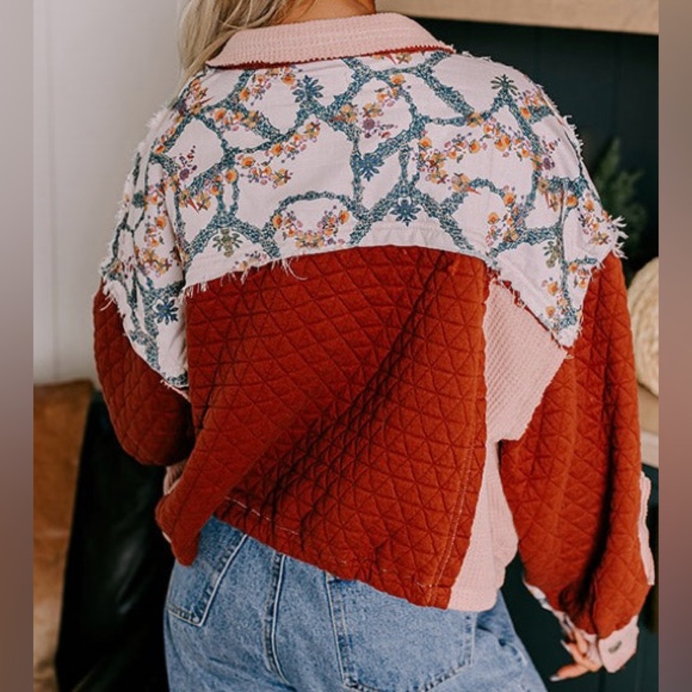 POL Quilted Patchwork Jacket Burgundy Floral Boho Cottagecore Zip Jacket - Picture 4 of 9